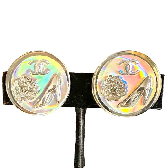 Authentic CHANEL Aurora Borealis Iridescent Rainbow Vintage ‘97 Clip On Earrings - Picture 8 of 16